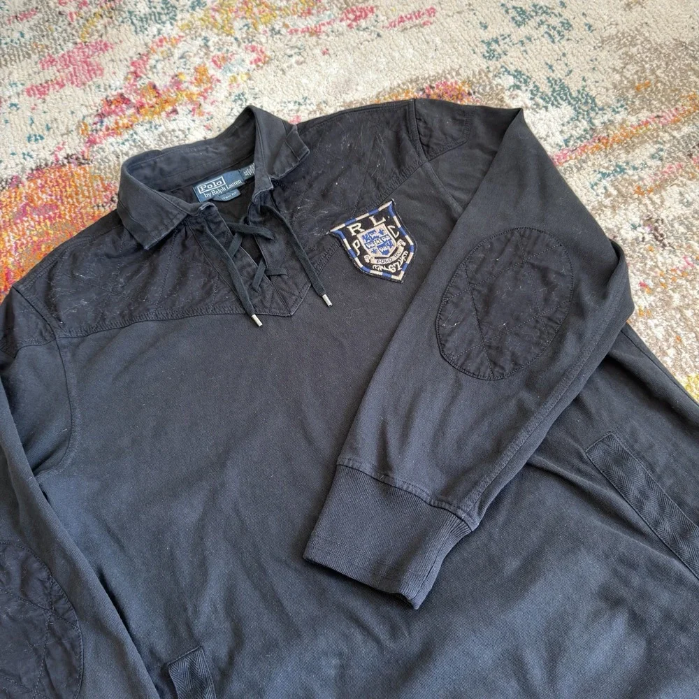 Vintage Polo Ralph Lauren RLPC Crest Quilted Lace-Up Rugby Shirt Black Men's XL